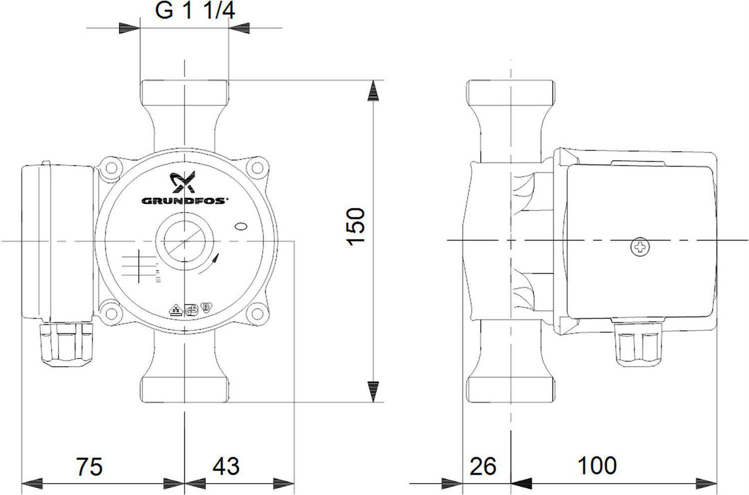 Technische Maßzeichnung einer Grundfos-Pumpe mit Vorder- und Seitenansicht mit Abmessungen: G 1 1/4, 150, 75, 43, 26 und 100.