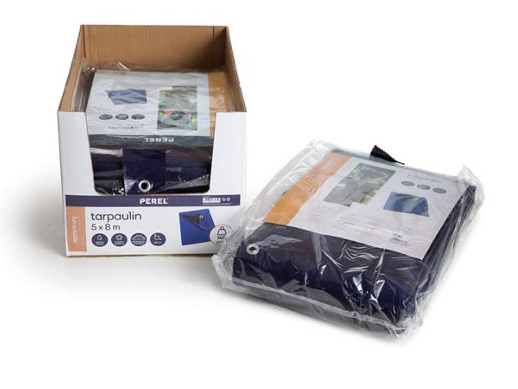 Perel Abdeckplane, besonders strapazierfähig, 26 Ösen, verstärkte Ecken, rechteckig, Blau/Schwarz, 140 g/m², 5 x 8 m