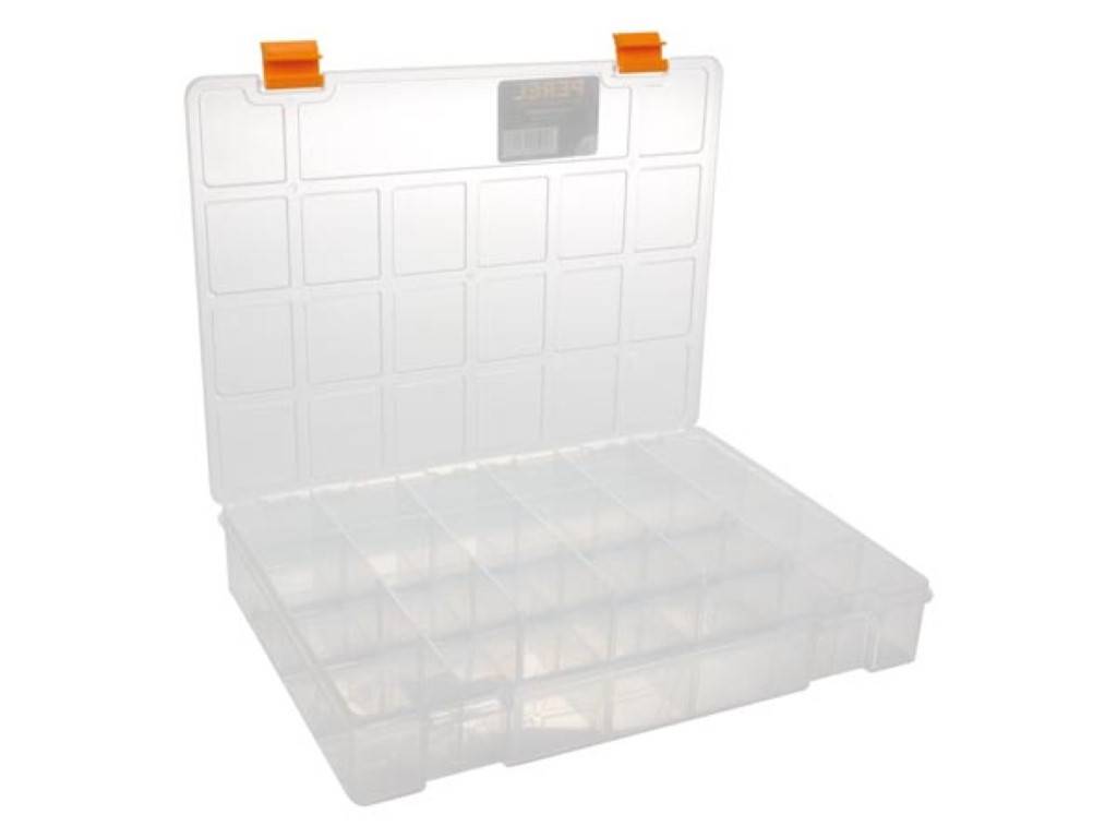 Perel Sortimentskasten, 21 feste Fächer, stapelbar, 324 x 247 x 51 mm, transparent/Gelb