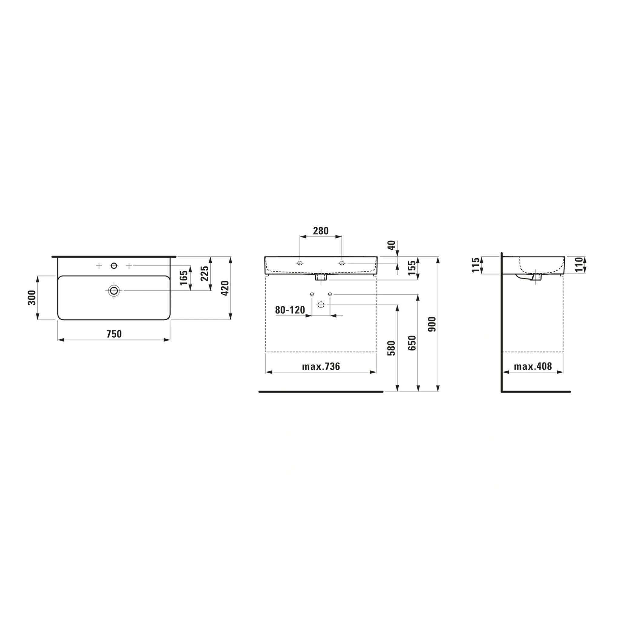# Technische Maßzeichnung eines wandmontierten Waschbeckens mit Front-, Seiten- und Installationsansichten mit Abmessungen in mm, einschließlich 750 mm Breite, 300 mm Tiefe und max. 736/408 mm Freiräume.