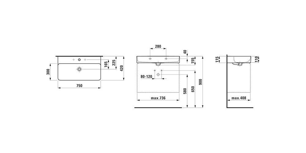 LAUFEN Waschtisch VAL 750x420mm m ÜL 1 HL-Ausf. weiß