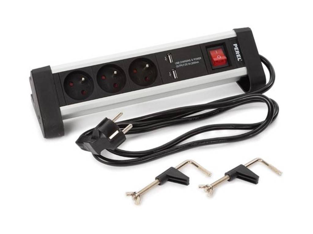 Perel Steckdosenleiste mit Schalter, 3 Steckdosen Typ E, 2 USB-Ladebuchsen, Kabel 1.4 m, 3G1.5, Innenbereich, Schwarz/Grau
