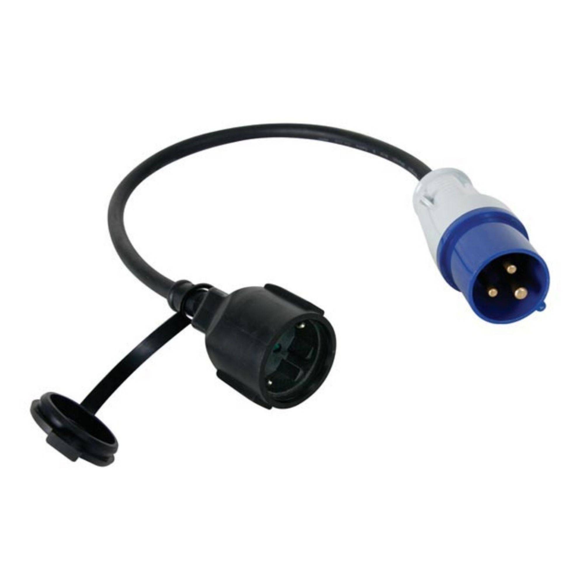 Ein schwarzer Elektrosteckeradapter mit einem blau-weißen Stecker und einer schwarzen Buchse, der zum Verbinden von Geräten mit der Stromversorgung verwendet wird.