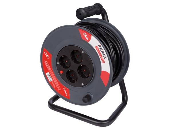 Perel Kabeltrommel, Innenbereich, 4 Schutzkontakt-Steckdosen, Überhitzungsschutz, Kabellänge 25 m, 3G1.5, Grau