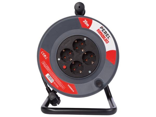 Perel Kabeltrommel, Innenbereich, 4 Schutzkontakt-Steckdosen, Überhitzungsschutz, Kabellänge 25 m, 3G1.5, Grau