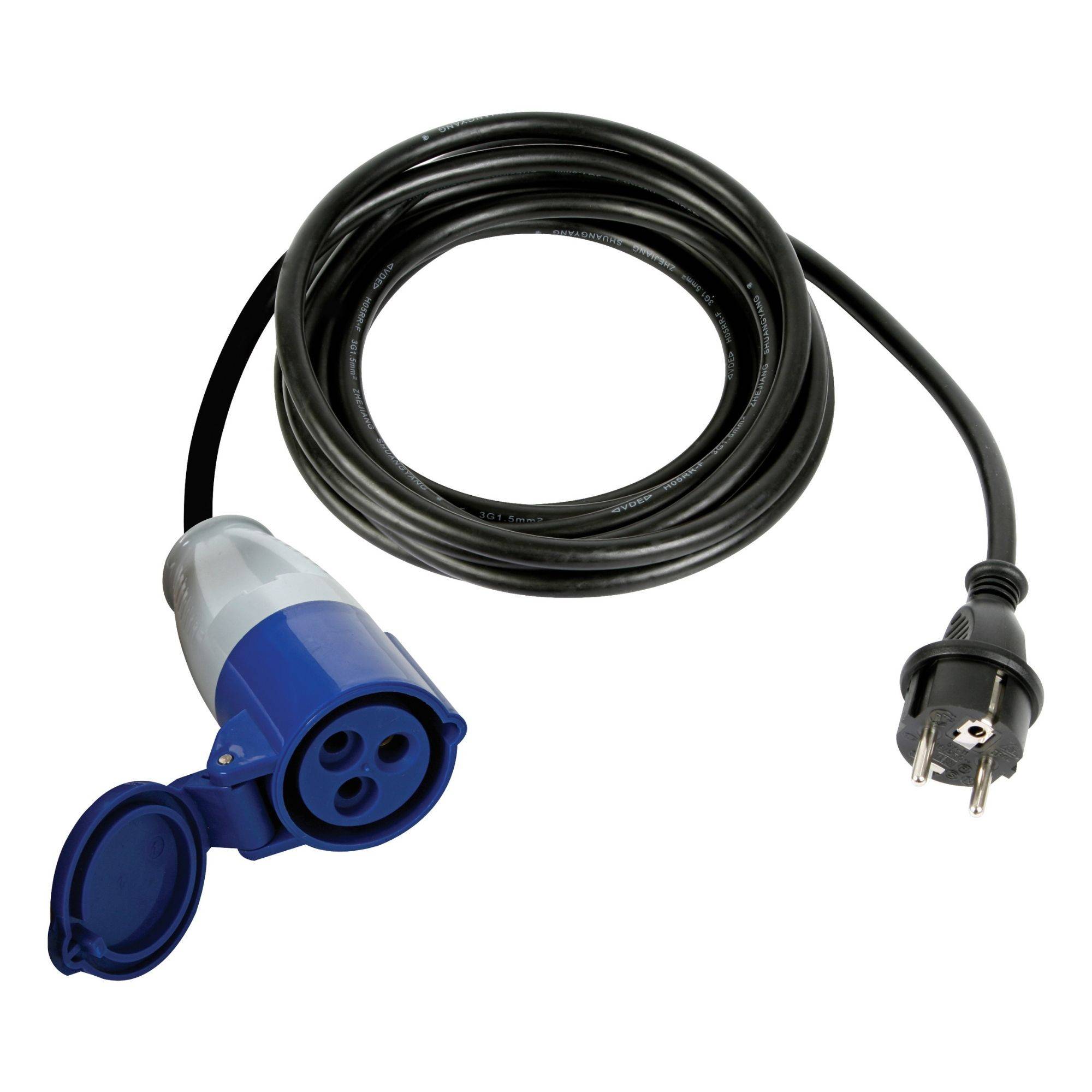 Schwarzes Stromkabel mit blauem industriellem weiblichem Stecker und standardmäßigem zweipoligenem Stecker, aufgerollt auf weißem Hintergrund gezeigt.