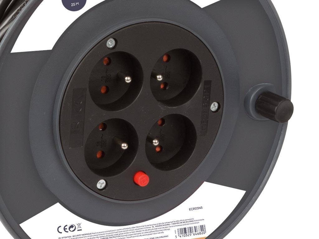 Perel Kabeltrommel, Innenbereich, 4 Steckdosen Typ E, Überhitzungsschutz, Kabellänge 25 m, 3G1.5, Grau