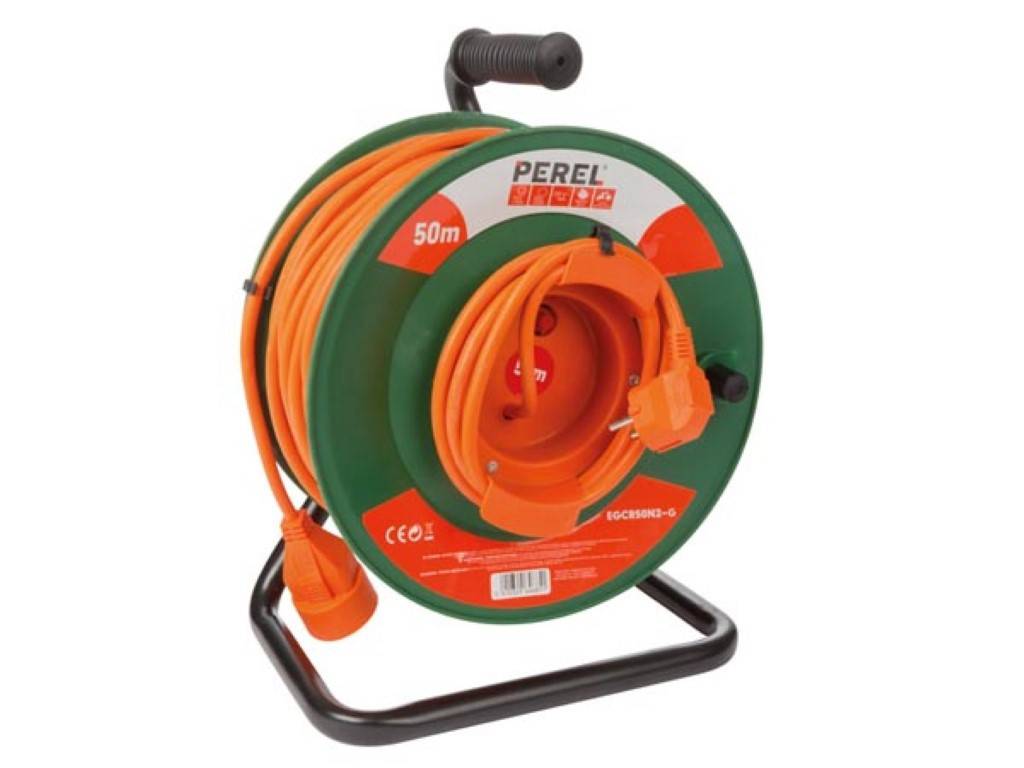 Perel Kabeltrommel, Innenbereich, Schutzkontakt-Stecker/-Kupplung, Überhitzungsschutz, Kabellänge 50 m, 3G1.5, Orange/Grün