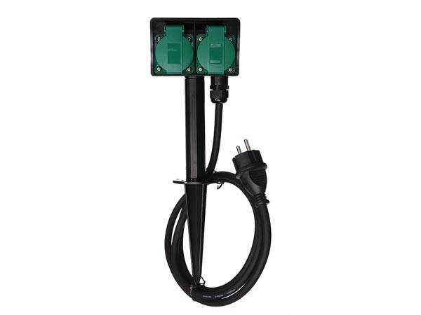 Perel Gartensteckdose, Erdspieß, 2 Schutzkontakt-Steckdosen, 2 Klappdeckel, Kabel 1.5 m, 3G1.5, IP44, Schwarz/Grün
