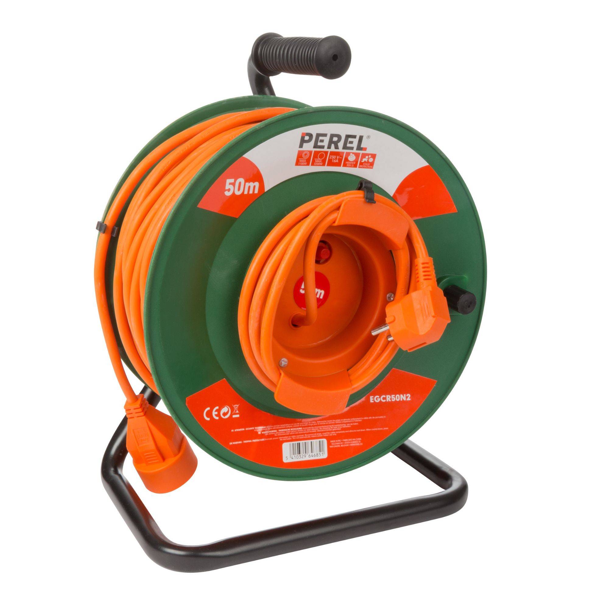 Perel Kabeltrommel, Innenbereich, Typ-E-Stecker/-Kupplung, Überhitzungsschutz, Kabellänge 50 m, 3G1.5, Orange/Grün