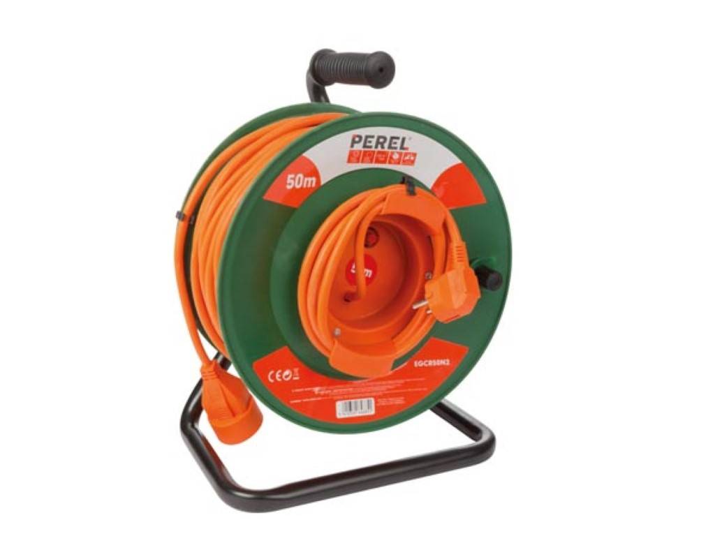 Perel Kabeltrommel, Innenbereich, Typ-E-Stecker/-Kupplung, Überhitzungsschutz, Kabellänge 50 m, 3G1.5, Orange/Grün