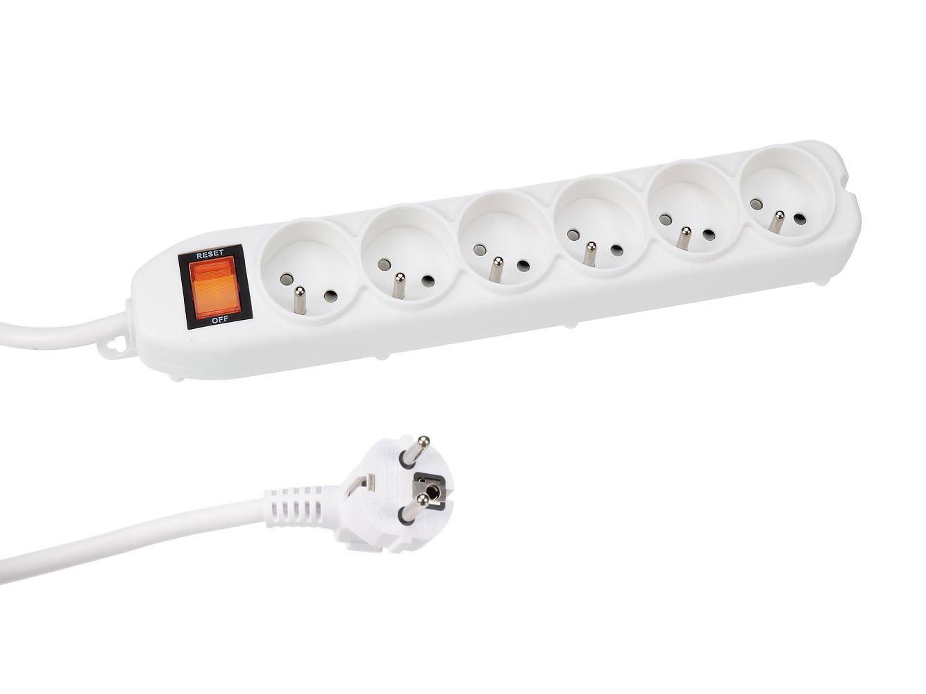 Perel Steckdosenleiste mit Schalter, Überlastschutz, 6 Steckdosen Typ E, Kabel 1.5 m, 3G1.5, Innenbereich, Schwarz