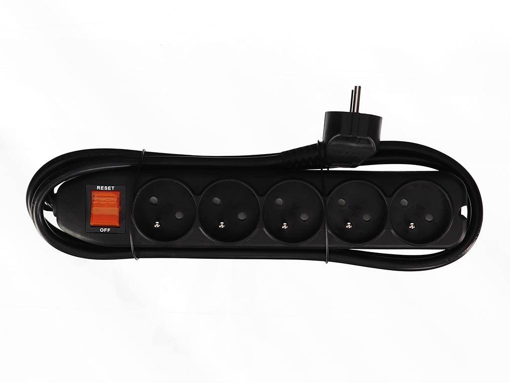 Perel Steckdosenleiste mit Schalter, Überlastschutz, 5 Steckdosen Typ E, Kabel 1.5 m, 3G1.5, Innenbereich, Schwarz
