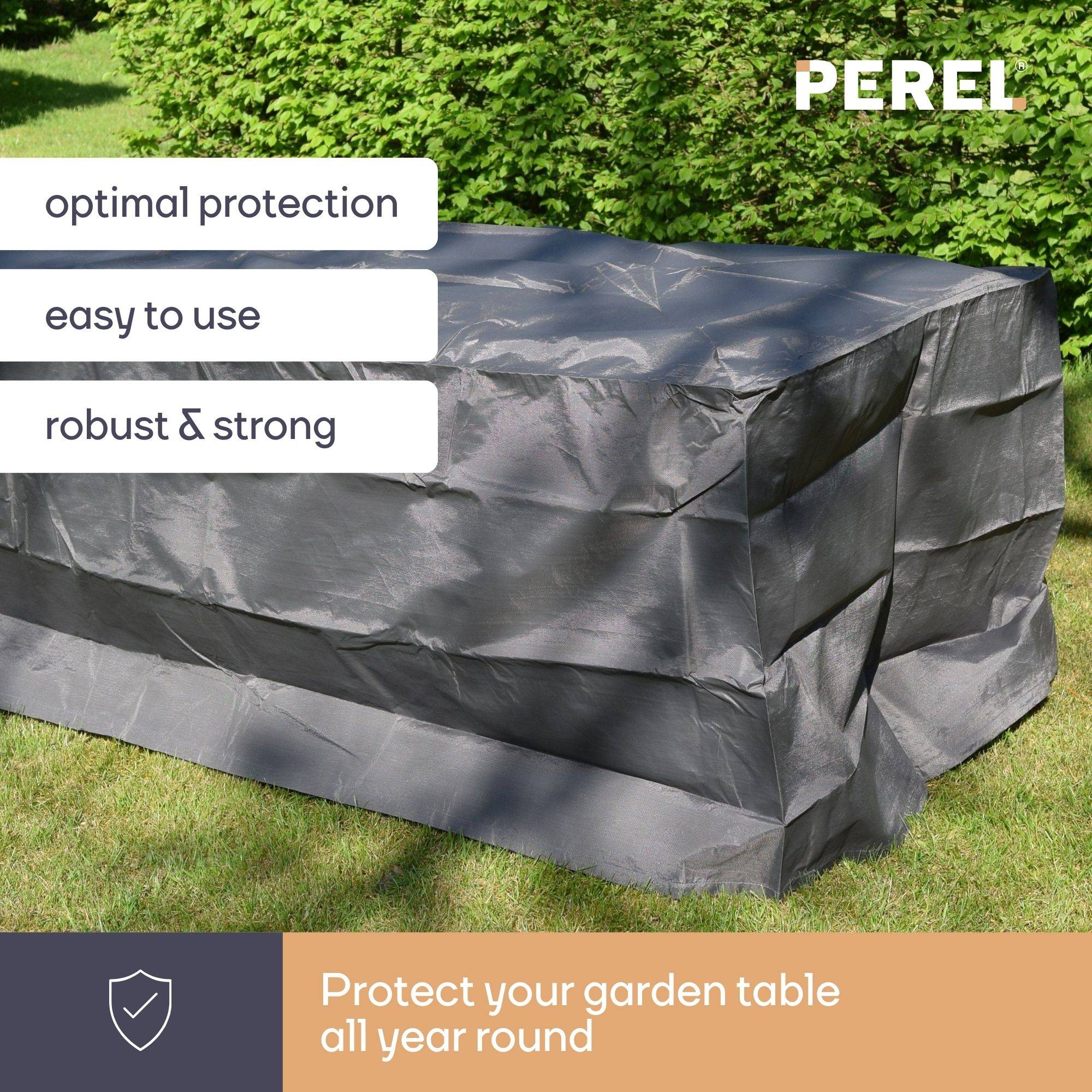 Werbebild eines überdachten Gartentisches im Freien mit PEREL-Branding und Text: „optimaler Schutz", „einfach zu bedienen"", „robust & stark"" und „Schützen Sie Ihren Gartentisch das ganze Jahr über"".
