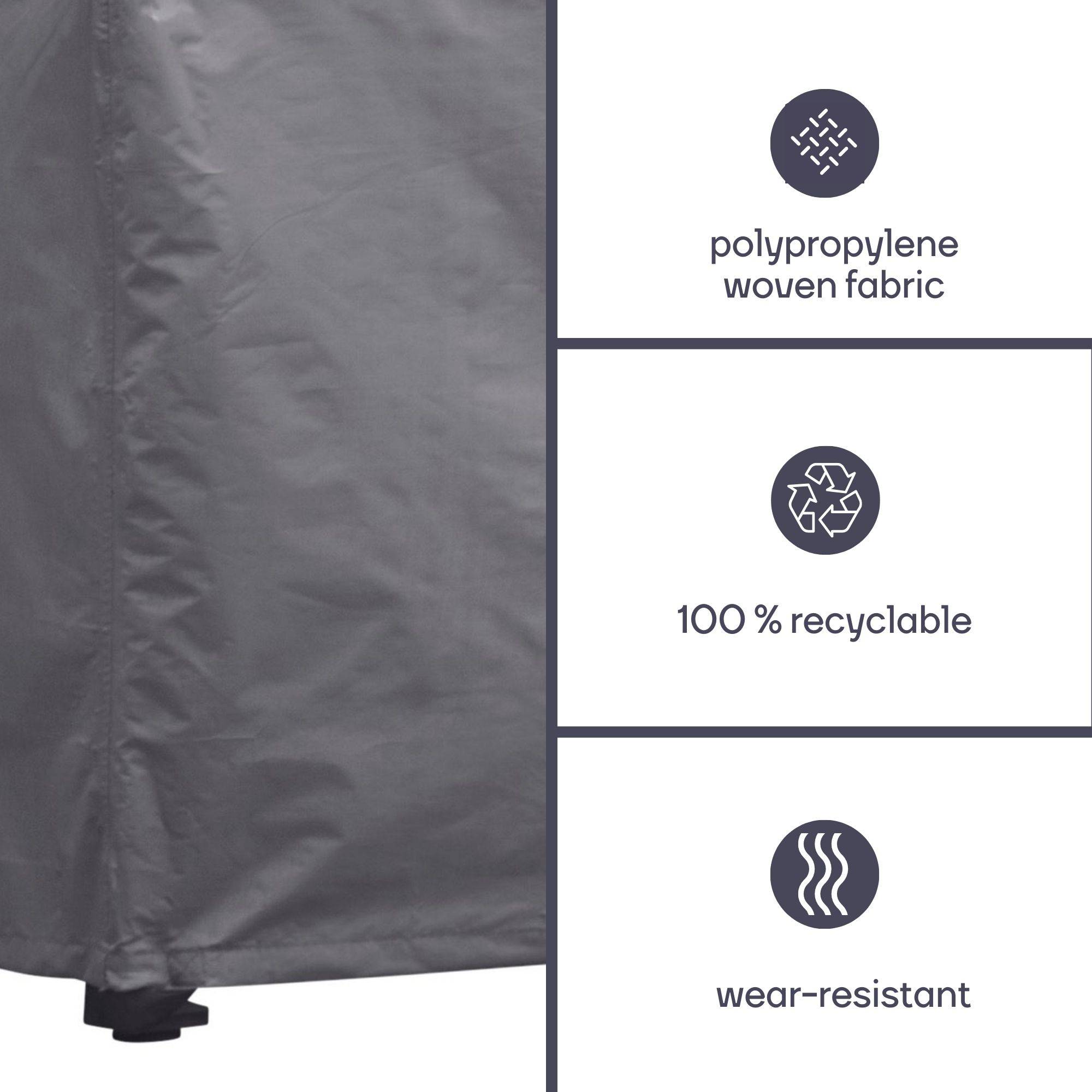Graues Polypropylen-Webgewebe mit Beschriftungen, die hervorheben, dass es zu 100 % recyclebar und verschleißfest ist.