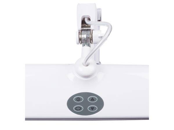 Digitale Anzeige mit vier Steuerungstasten in kreisförmiger Anordnung auf einem weißen elektronischen Gerät. Montierte Scharniermechanismus oben angebracht.