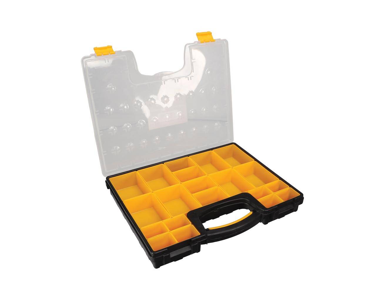 Transparente Aufbewahrungsbox mit schwarzem Griff, ausgestattet mit 21 gelben verstellbaren Fächern, geöffnet zur Darstellung der Innenbereiche.