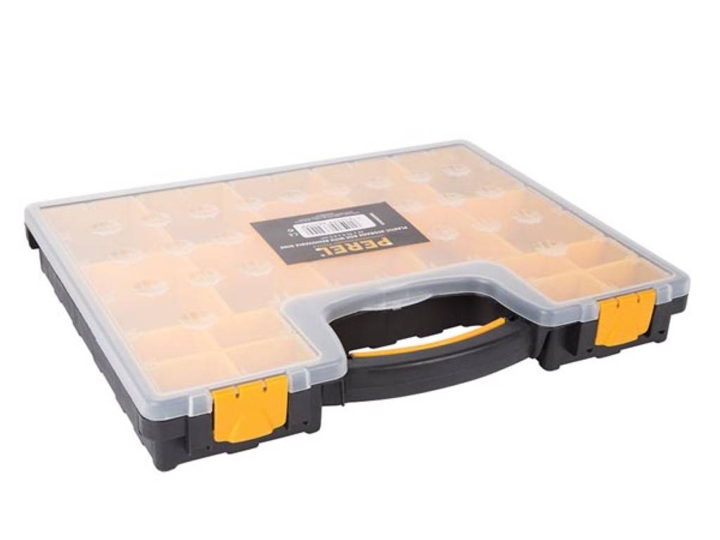 Perel Sortimentskasten, 20 herausnehmbare Boxen, transparenter Deckel, 420 x 335 x 65 mm, Gelb/Schwarz