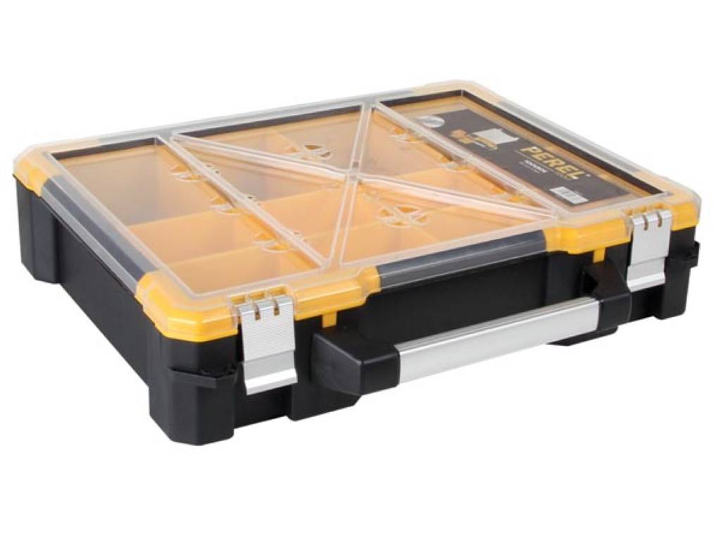 Schwarze und gelbe Kunststoff-Aufbewahrungsorganizer-Box mit durchsichtigem Deckel, in mehrere Fächer unterteilt und mit Tragegriff.