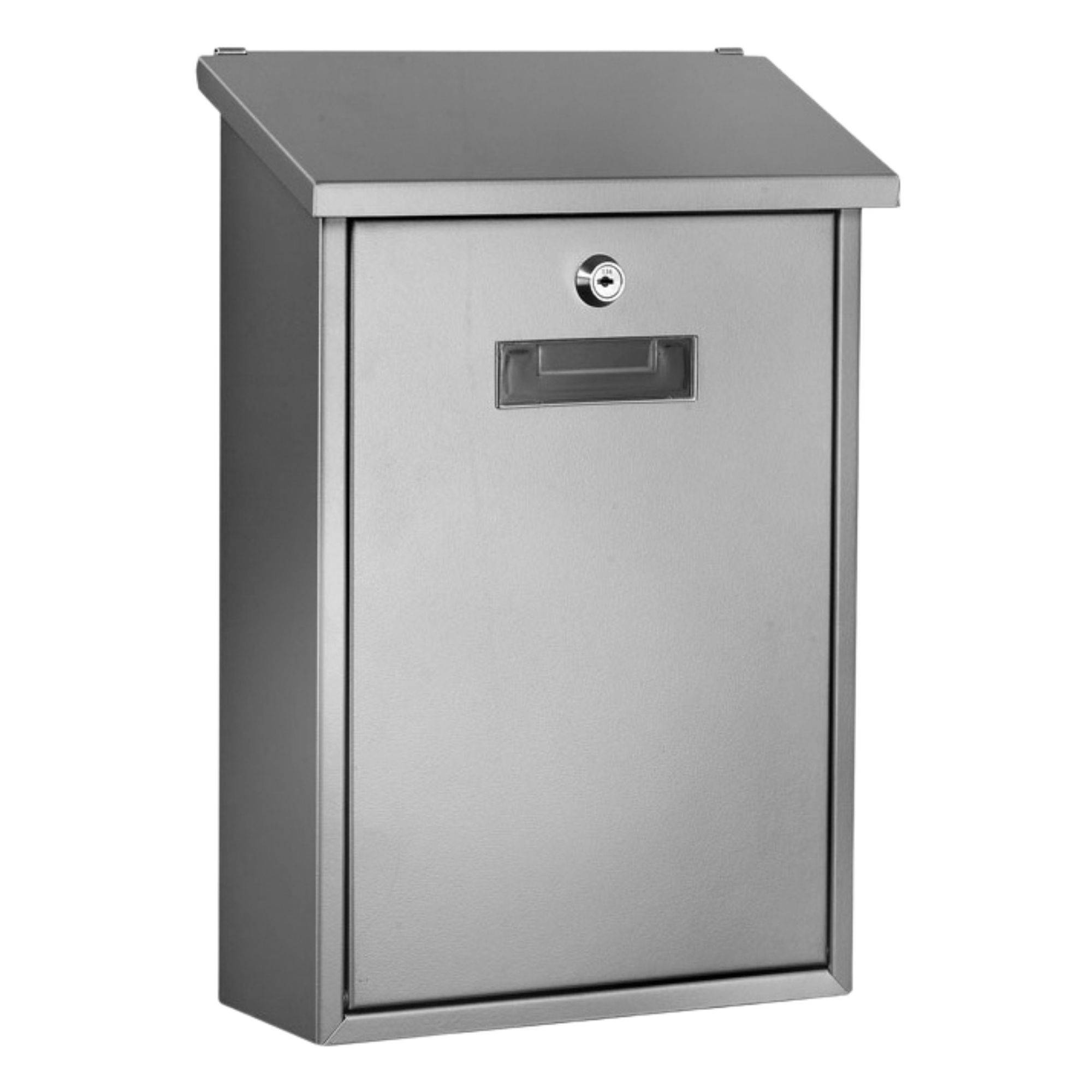 Wandmontierter Edelstahl-Briefkasten mit frontalem Briefschlitz und verschließbarer Tür.