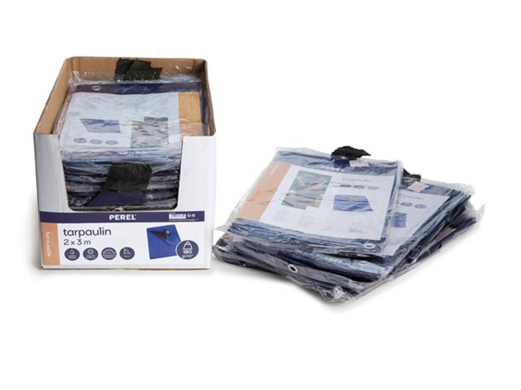 Perel Abdeckplane, ultra-strapazierfähig, 10 Ösen, verstärkte Ecken, rechteckig, Blau/Schwarz, 180 g/m², 2 x 3 m