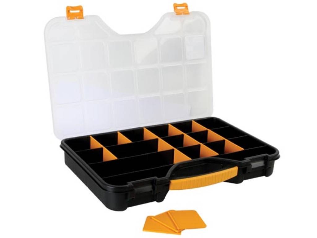 Perel Sortimentskasten, max. 20 Fächer, 16 Trennwände, transparenter Deckel, stapelbar, 510 x 347 x 71 mm, Gelb/Schwarz