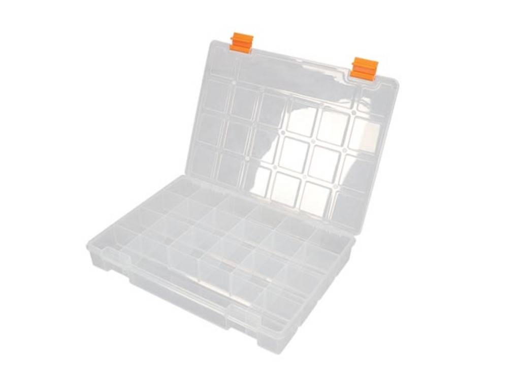 Perel Sortimentskasten, 21 feste Fächer, stapelbar, 276 x 203 x 42 mm, transparent/Gelb