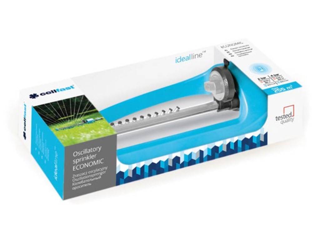 Verpacktes oszillierendes Rasensprinkler-Produkt mit der Bezeichnung „ideal line