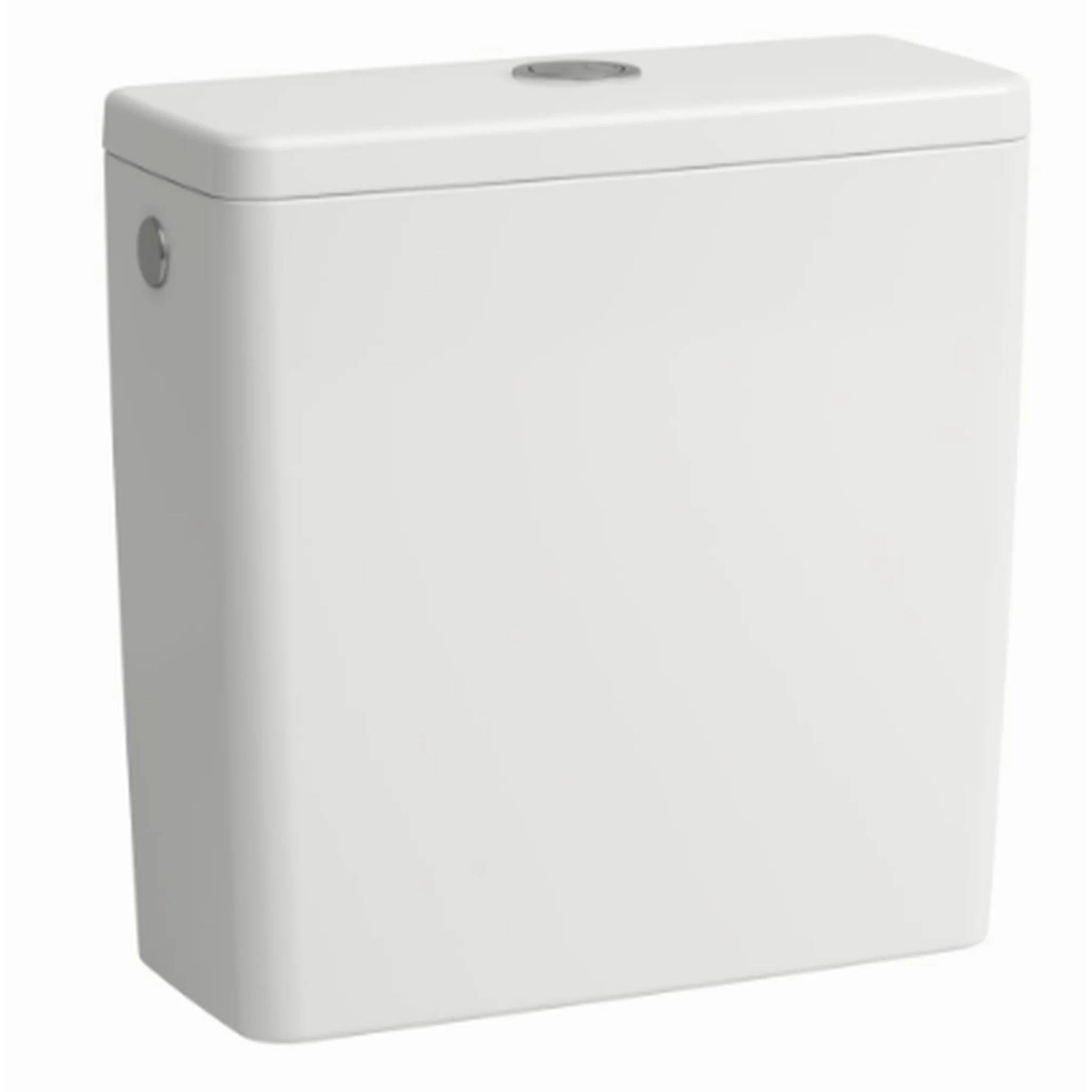 Weiße wandmontierte Toilettenspülkasten mit Spülknopf oben und Seitenzugriffsplatte.