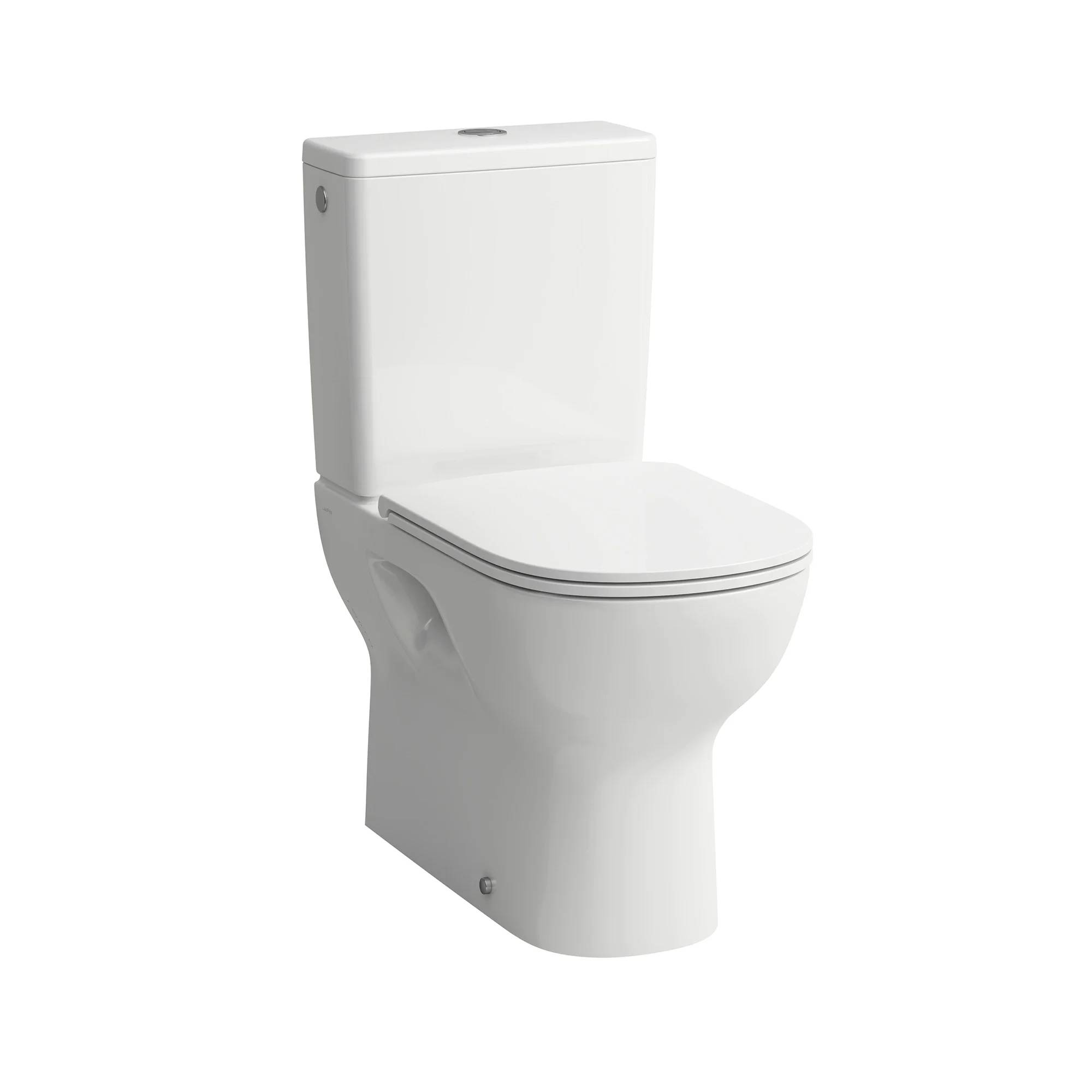 Weiße moderne Toilette mit Spülkasten und geschlossenem Sitz auf weißem Hintergrund.