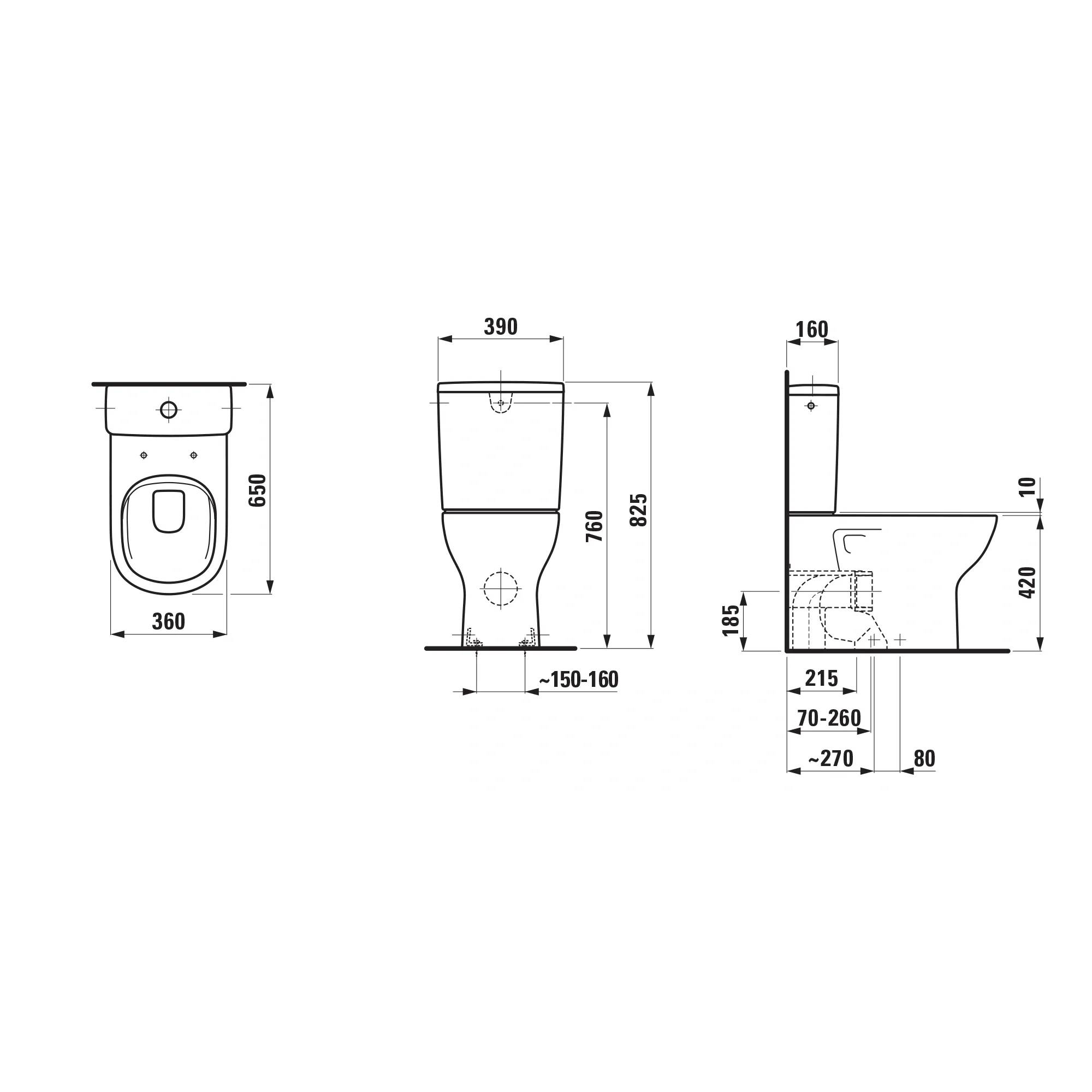 Technisches Sanitärkeramik-Maßstabdiagramm mit Front-, Seiten- und Draufsichten mit Angaben für Breite, Höhe, Tiefe und Installationsfreiraum.