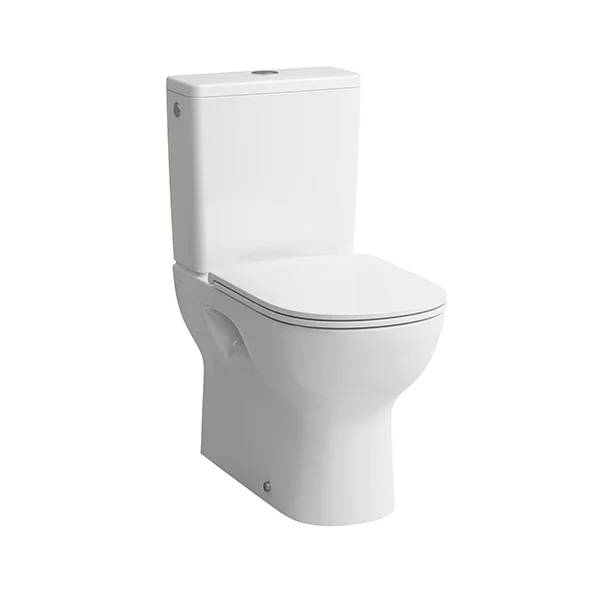 Weiße modernes Toilette mit geschlossenem Deckel, dargestellt auf einfachem Hintergrund.