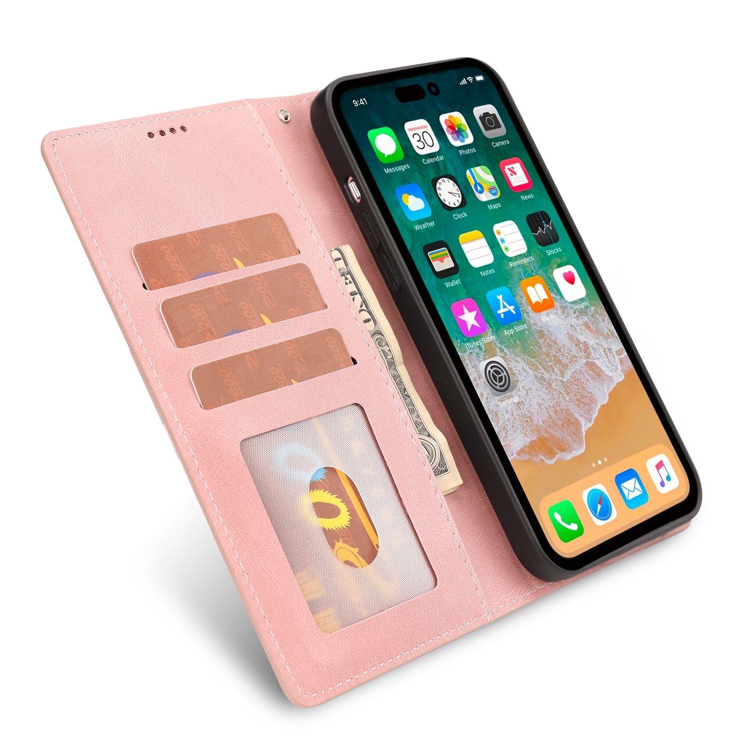 Hülle kompatibel mit Apple iPhone 14 Pro Max Kunstleder Handyhülle - Handy Case Roségold