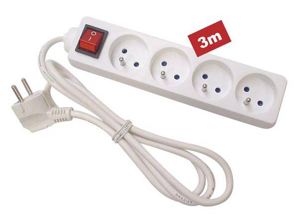 Perel Steckdosenleiste mit Schalter, 4 Steckdosen Typ E, Kabel 3 m, 3G1.5, Innenbereich, Weiß
