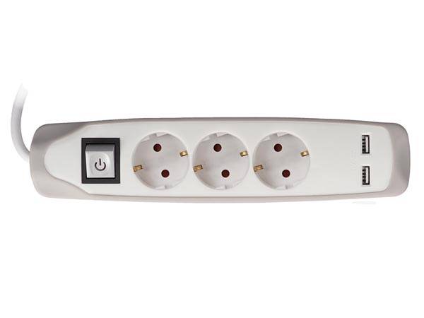 Perel Steckdosenleiste mit Schalter, 3 Steckdosen Typ E, 2 USB-Ladebuchsen, Kabel 1.5 m, 3G1.5, Innenbereich, Weiß