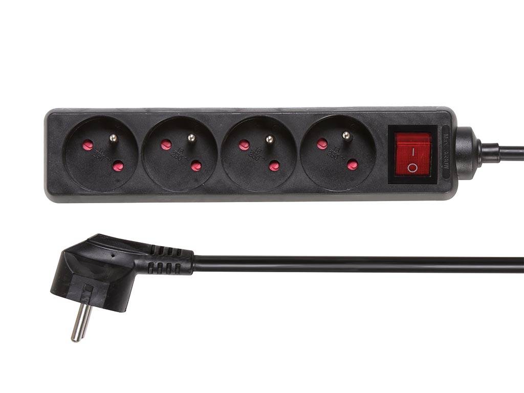 Perel Steckdosenleiste mit Schalter, 4 Steckdosen Typ E, Kabel 1.5 m, 3G1.5, Innenbereich, Schwarz