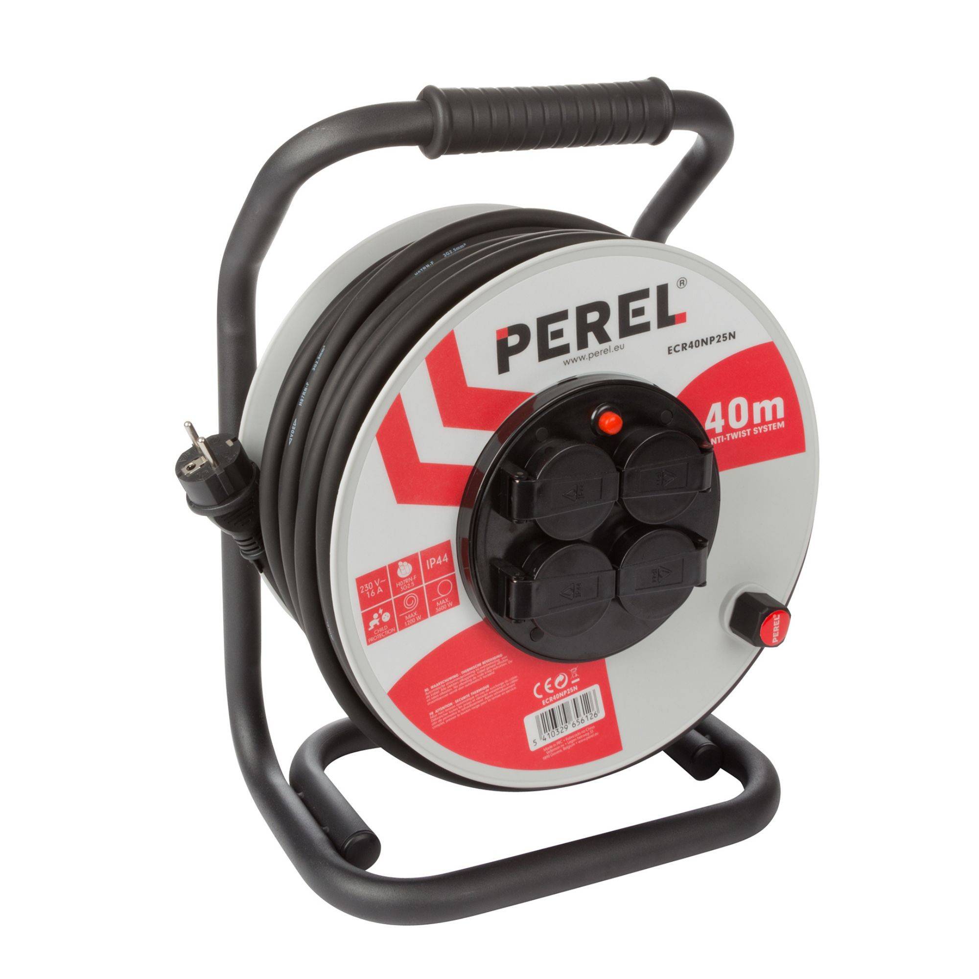 Perel Professionelle Kabeltrommel, 4 Steckdosen Typ E, Kabellänge 40 m, 3G2.5, Grau