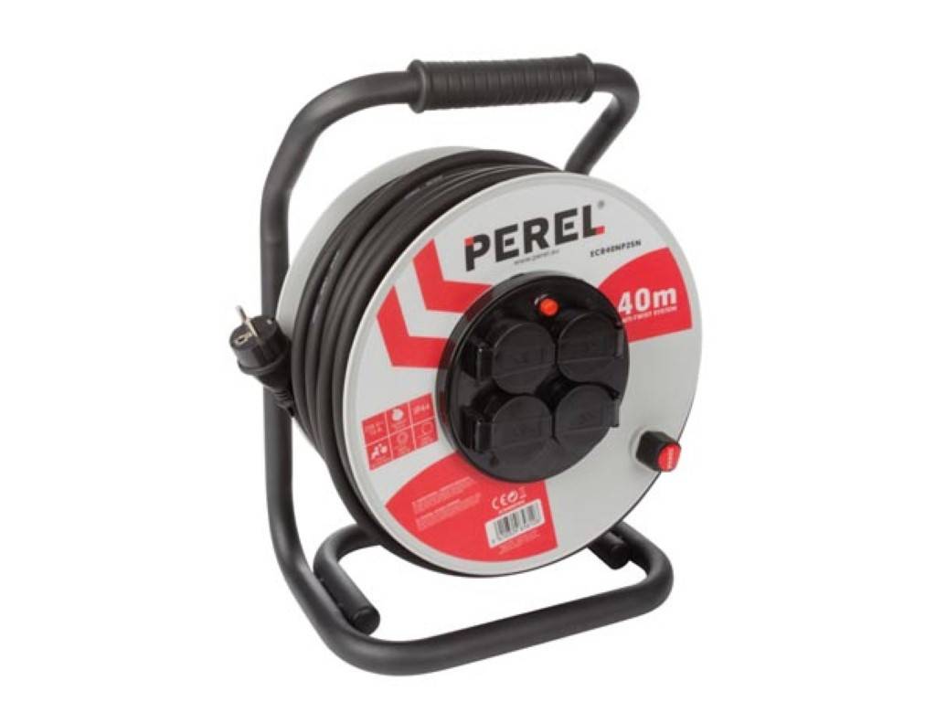 Perel Professionelle Kabeltrommel, 4 Steckdosen Typ E, Kabellänge 40 m, 3G2.5, Grau