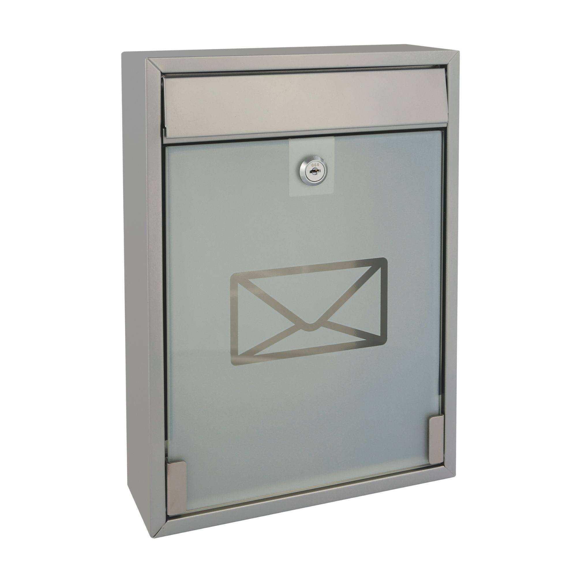 Perel Briefkasten Milan, Wandmontage, Milchglas, inkl. 2 Schlüssel, Abmessungen (H x B x T) 36 x 26 x 8 cm, Silber