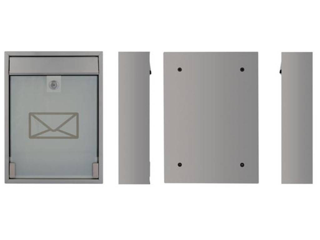 Grauer, an der Wand montierter Metall-Schrank oder Briefkasten, gezeigt in Front- und Seitenansicht, mit einer Fronttür, die durch ein Umschlag-Symbol gekennzeichnet ist, und vier Montagelöchern auf der Rückseite.