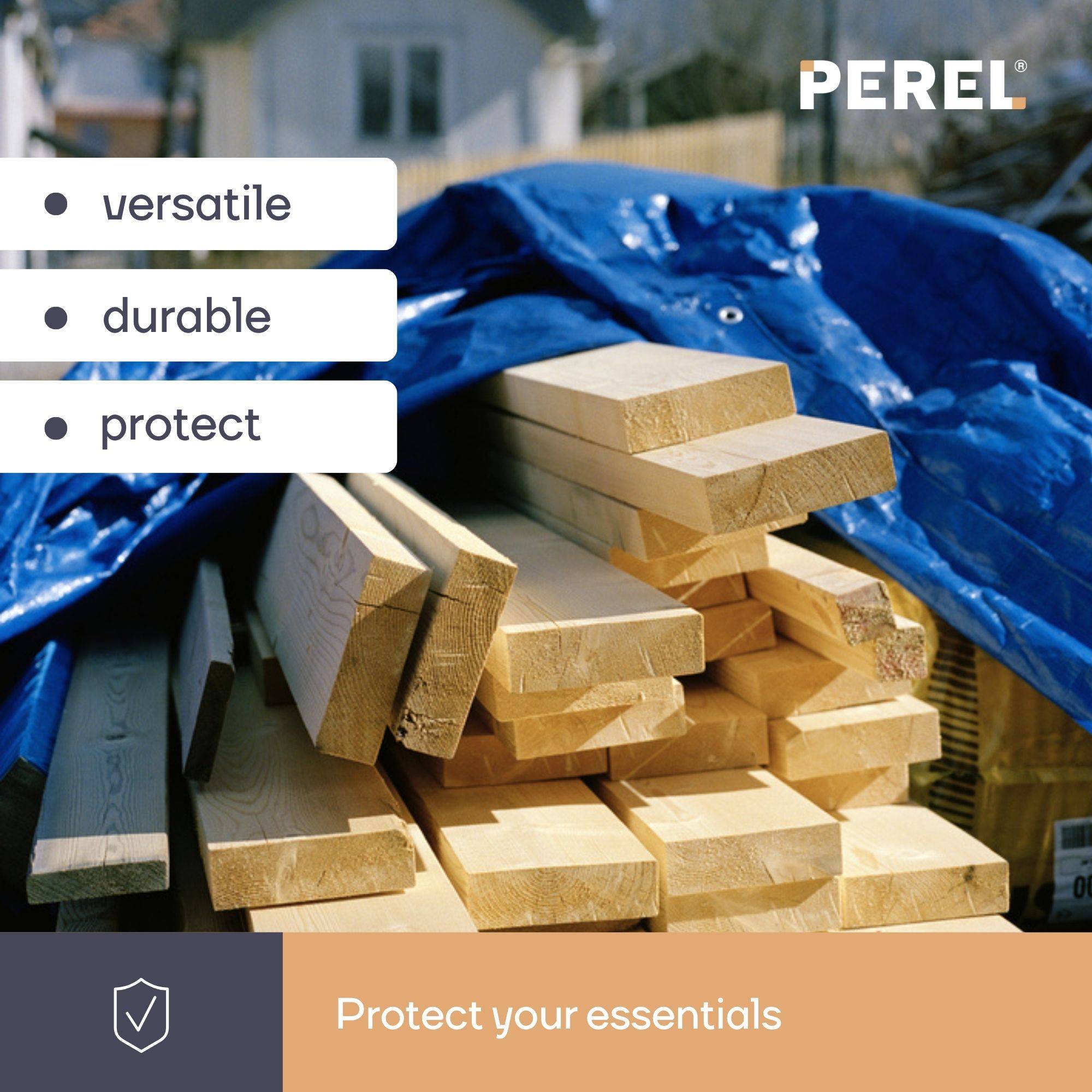 PEREL branding über Foto von gestapeltem Holz, das von einer blauen Plane bedeckt ist, mit Text 'vielseitig', 'langlebig', 'schützen' und 'Schützen Sie Ihre wertvollen Gegenstände'.