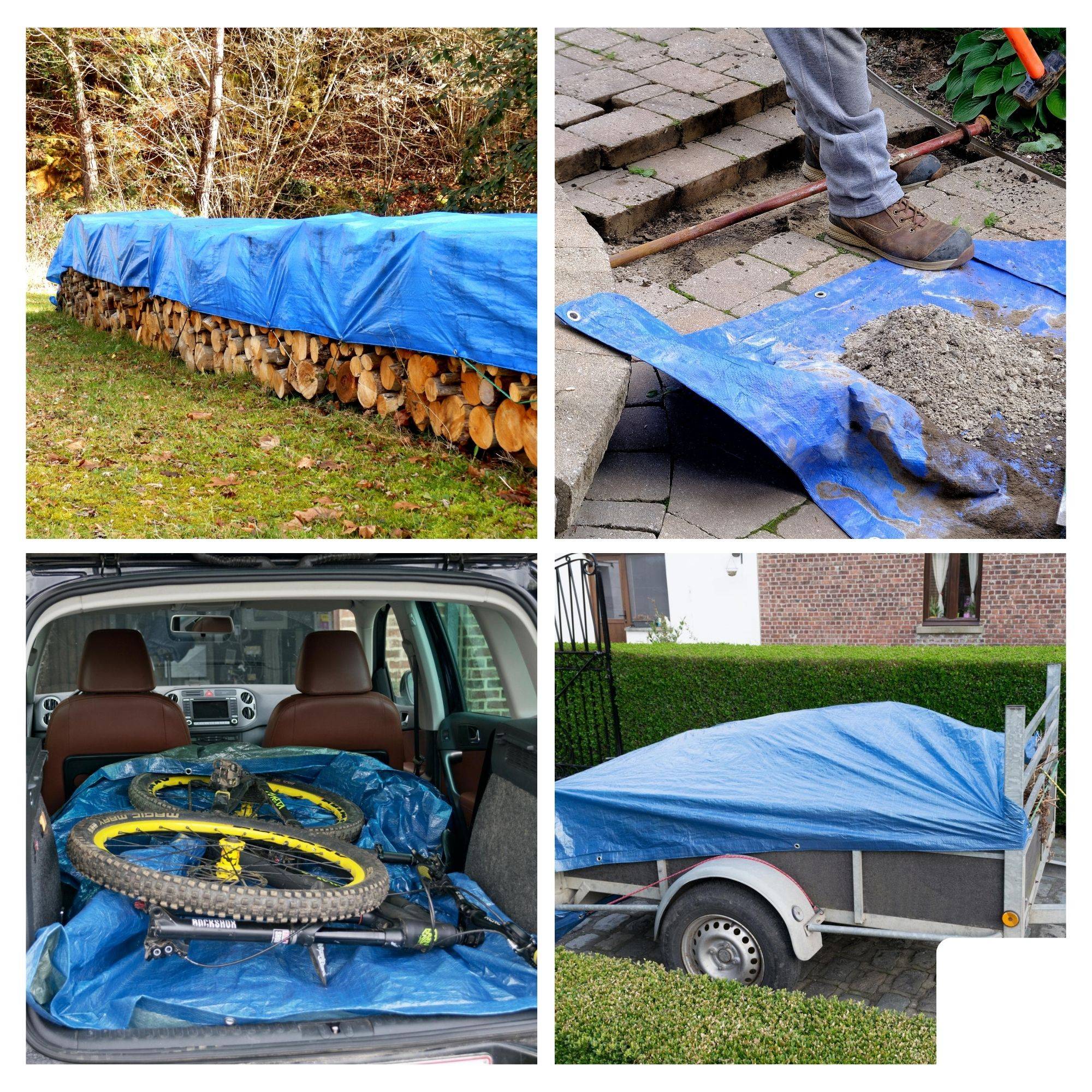 Collage mit vier Verwendungsmöglichkeiten einer blauen Plane: Abdeckung von gestapeltem Brennholz, Auffangen von Bauschutt, Schutz eines Fahrrads in einem Autokofferraum und Abdeckung einer Ladung auf einem Anhänger im Freien.