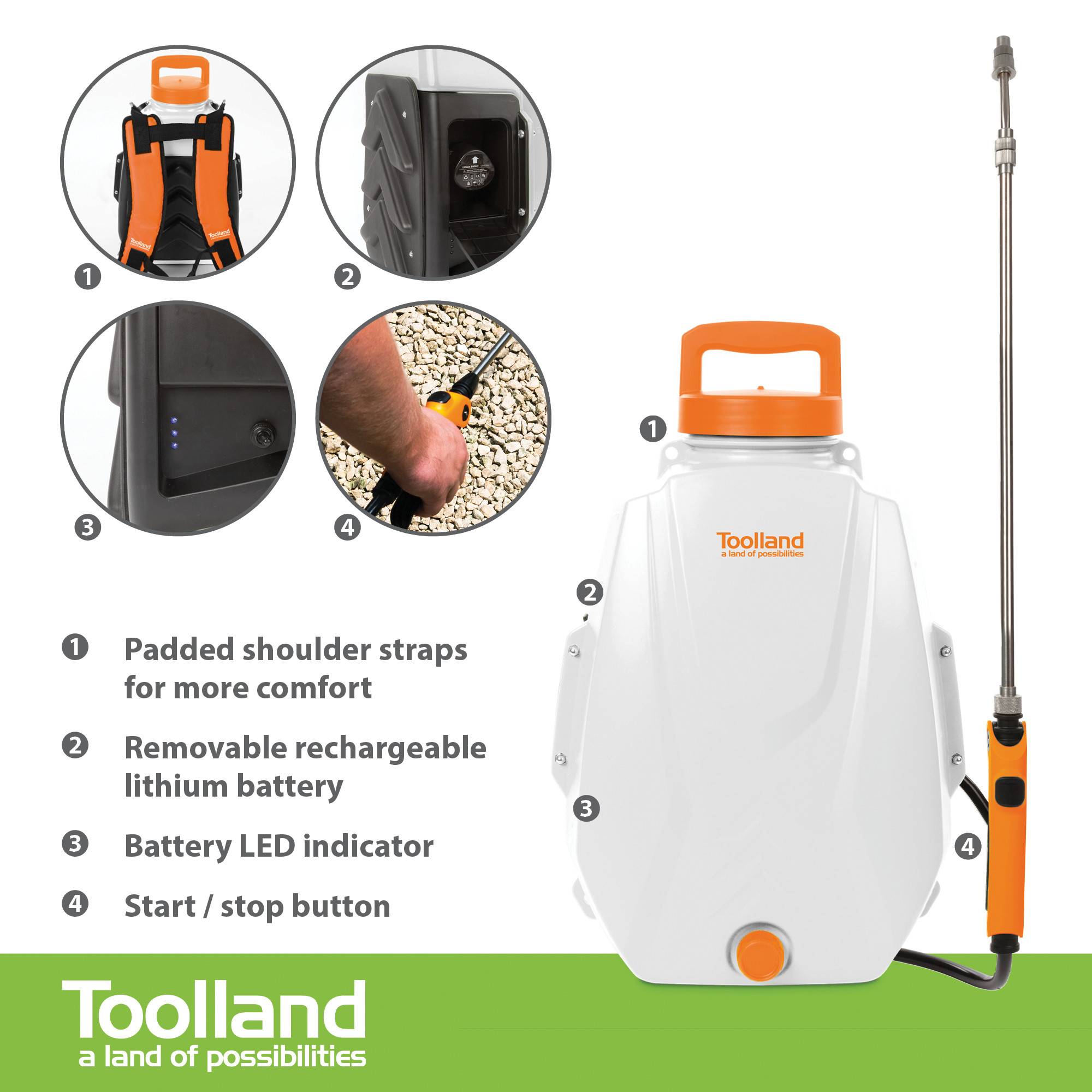 Toolland Drucksprüher, 12 L Rückensprühgerät, Gartenspritze mit Akku und Teleskop-Lanze, gepolsterte Schultergurte