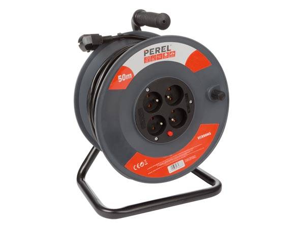 Perel Kabeltrommel, Innenbereich, 4 Steckdosen Typ E, Überhitzungsschutz, Kabellänge 50 m, 3G1.5, Grau