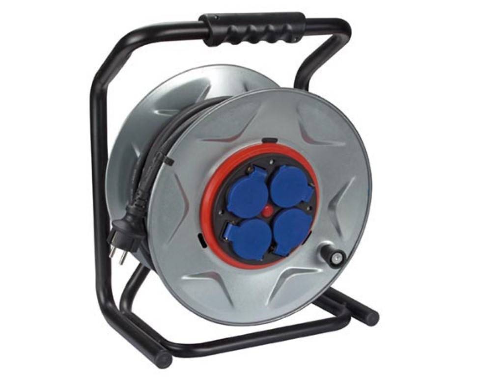 Perel Professionelle Kabeltrommel, spritzwassergeschützt (IP44), 4 Steckdosen Typ E, Anti-Twist, Überhitzungsschutz, Kabellänge 25 m, 3G2.5, Grau/S