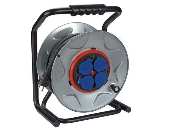 Perel Professionelle Kabeltrommel, spritzwassergeschützt (IP44), 4 Steckdosen Typ E, Anti-Twist, Überhitzungsschutz, Kabellänge 25 m, 3G2.5, Grau/S