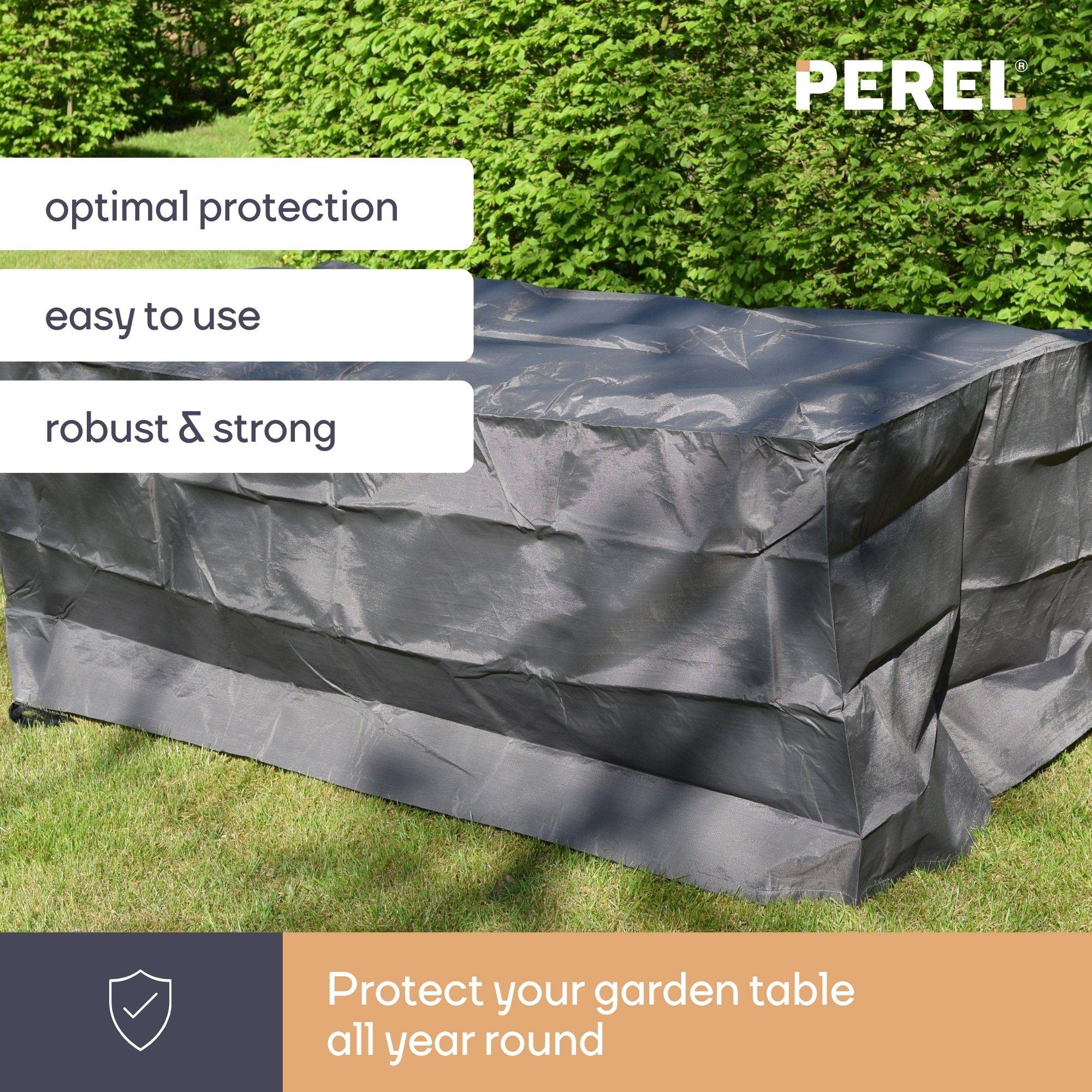 Gartentisch mit Schutzhaube mit PEREL-Branding und Text „Schützen Sie Ihren Gartentisch das ganze Jahr über" – bewirbt eine langlebige Schutzhaube für Gartenmöbel.