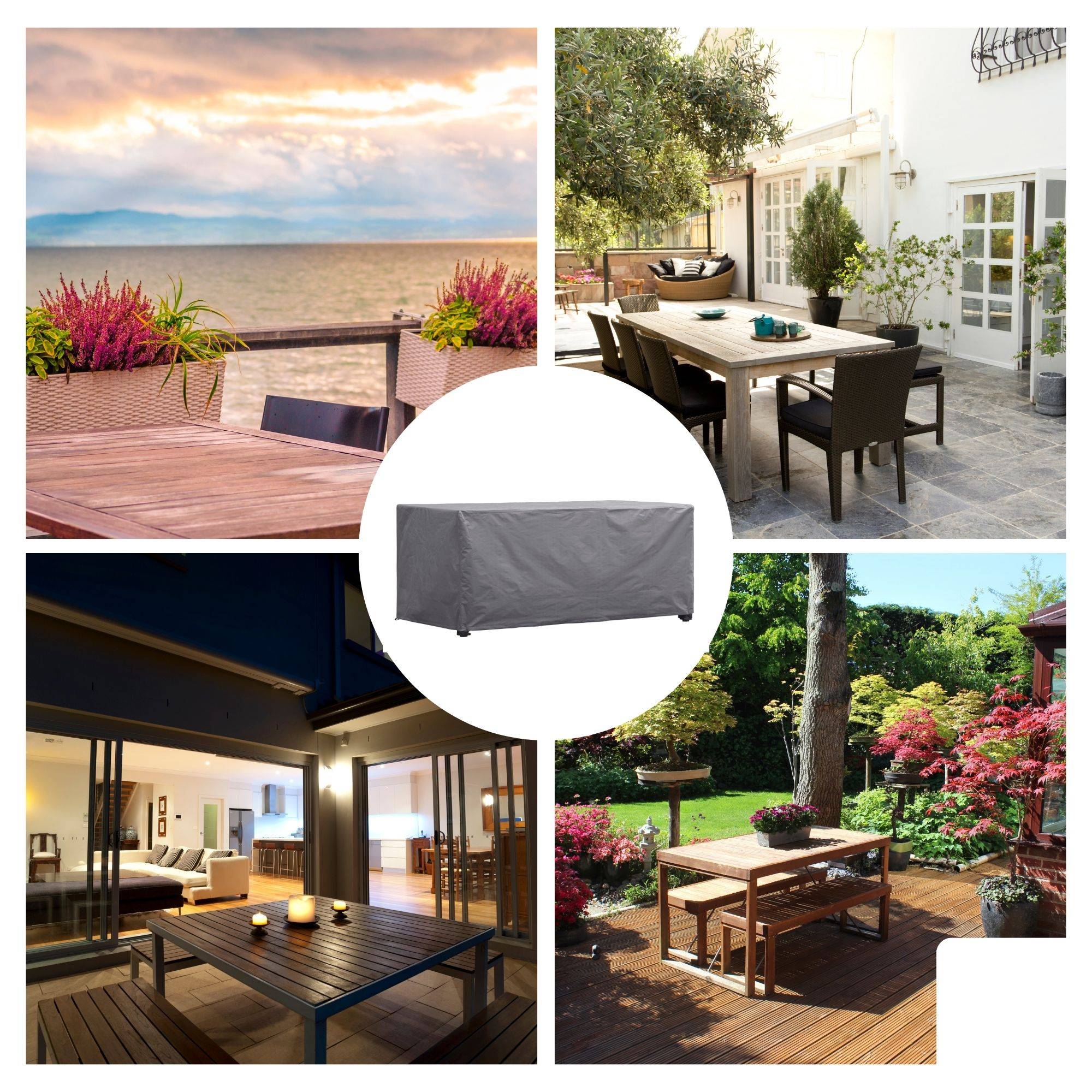 Collage von Außenterrassenspeisebereichen um einen abgedeckten grauen Grill herum, mit Tischen auf Decks, neben einem Pool und in einem Garten zu verschiedenen Tageszeiten.
