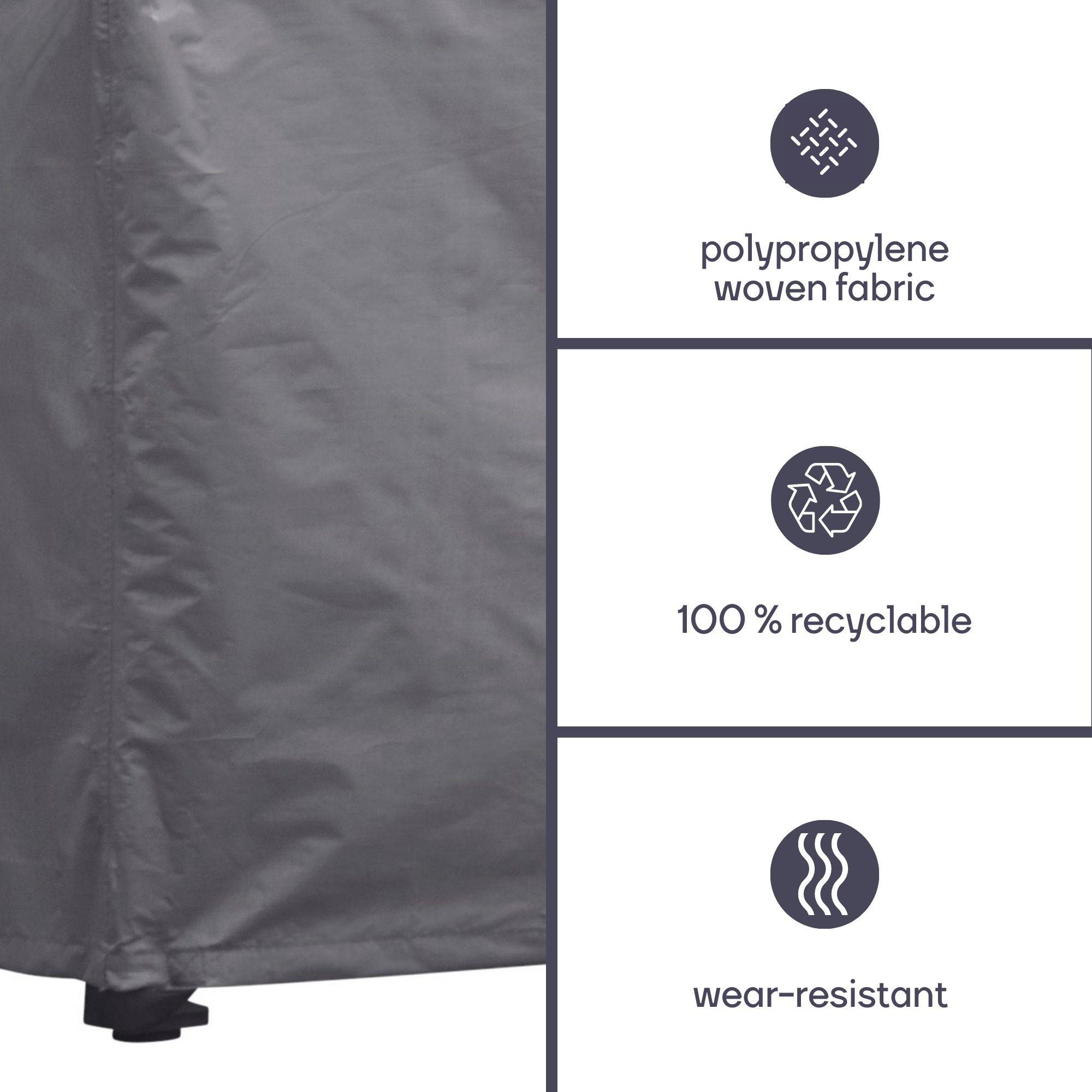 Grau gewebter Polypropylen-Stoff mit Symbolen und Beschriftungen: „Gewebter Polypropylen-Stoff", „100% recycelbar"" und „verschleißfest"".