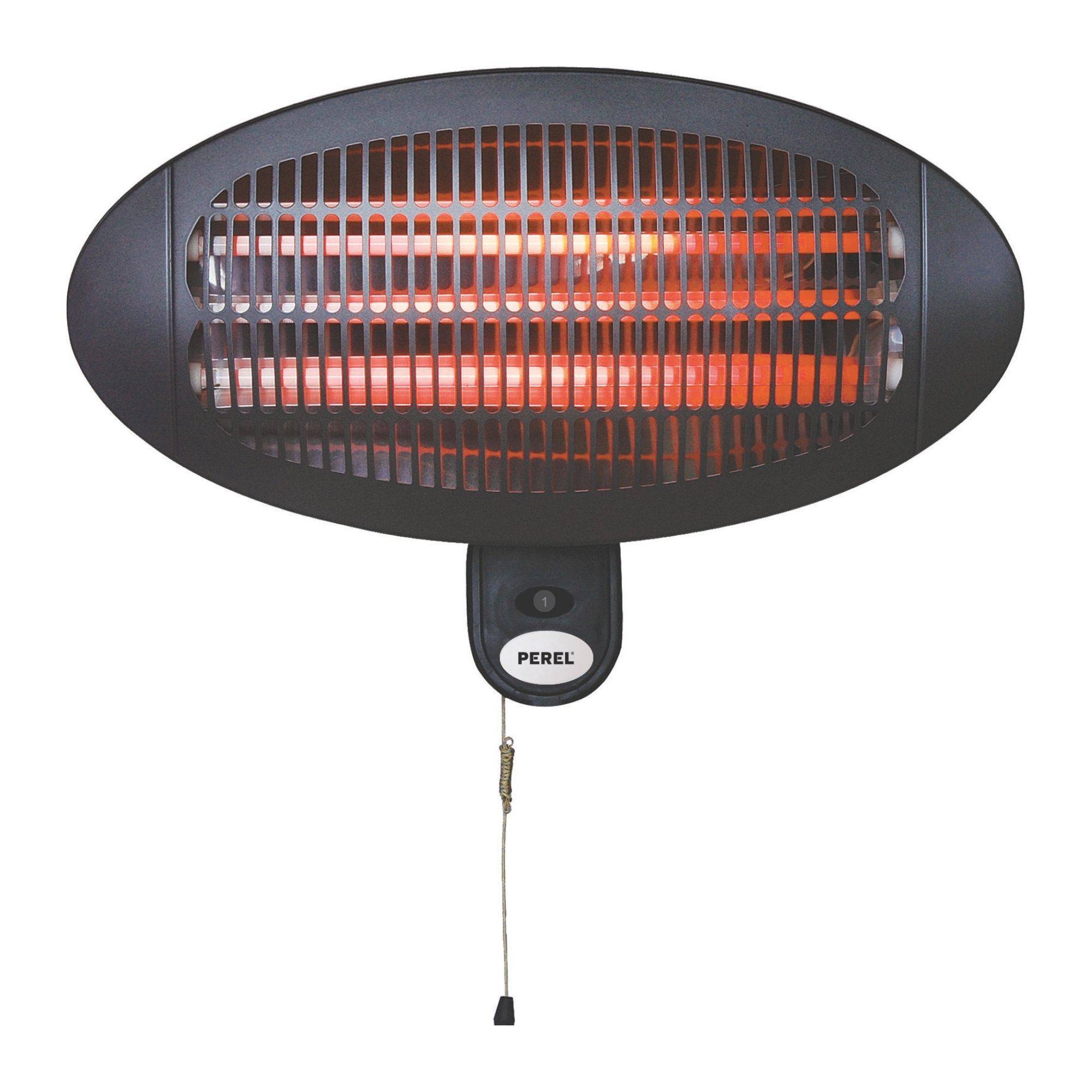 Ein schwarzer, oval geformter Elektroheizer mit sichtbaren orangefarbenen Heizelementen, ausgestattet mit einer Zugschnur für die Bedienung, an einer Wand montiert.